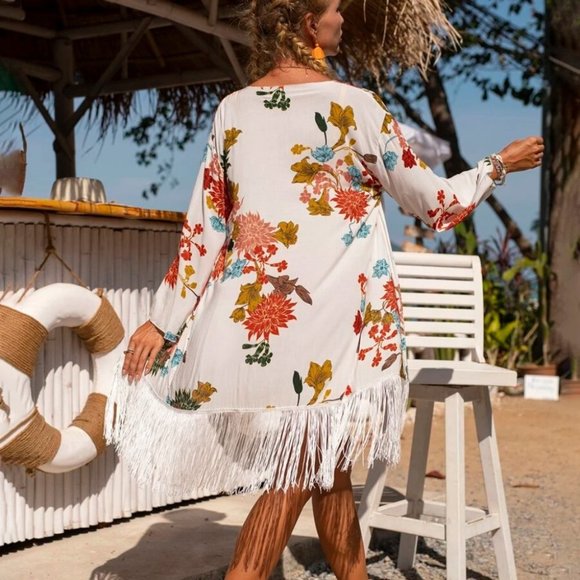 Floral Print Fringe Detailed Open Front Kimono Cover up Beach - Picture 4 of 8